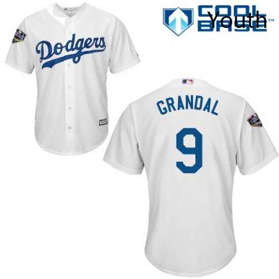 Youth Majestic Los Angeles Dodgers 9 Yasmani Grandal Authentic White Home Cool Base 2018 World Series MLB Jersey